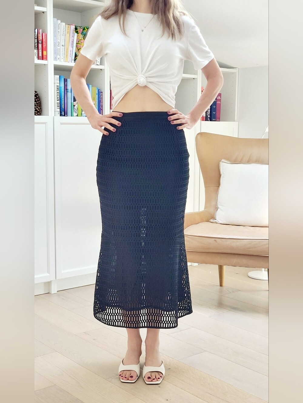 Sandro Black Cutout Accented Midi Skirt